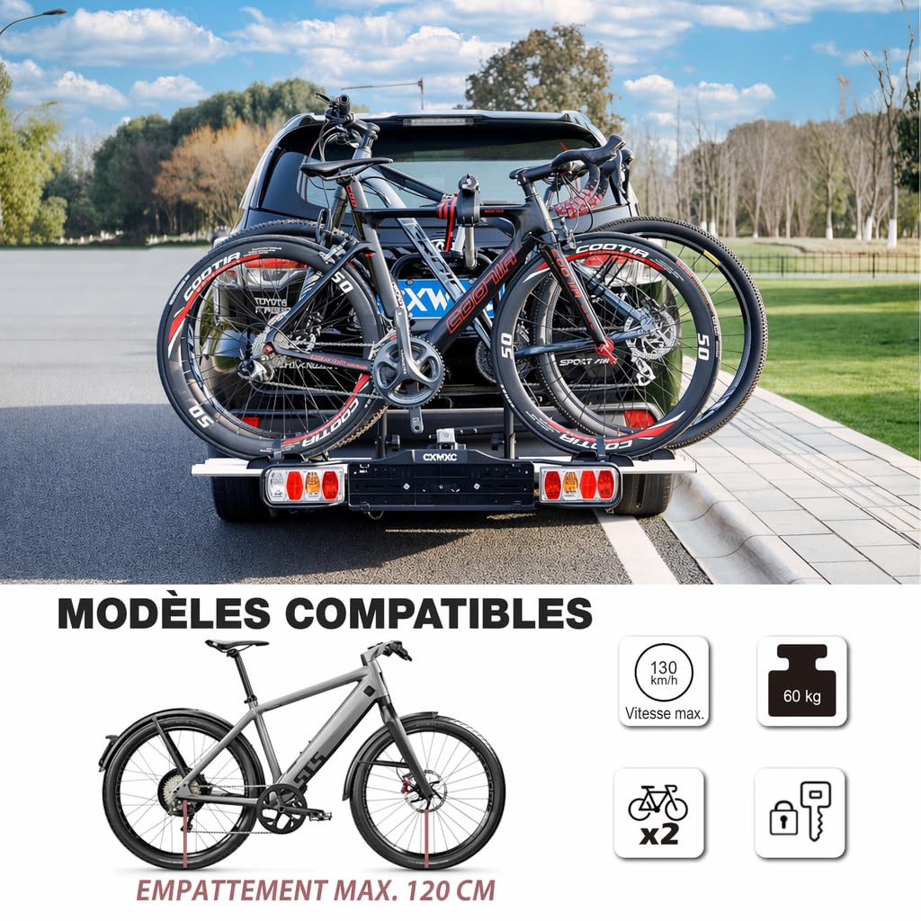 Porte-vélos d'attelage pour 2 vélos charge maximale 60 kg avec feu arrière support de plaque pliable