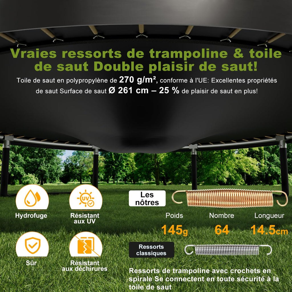 Trampoline extérieur rond 228 cm modèle 0534 filet de sécurité 42 ressorts échelle charge 50 kg