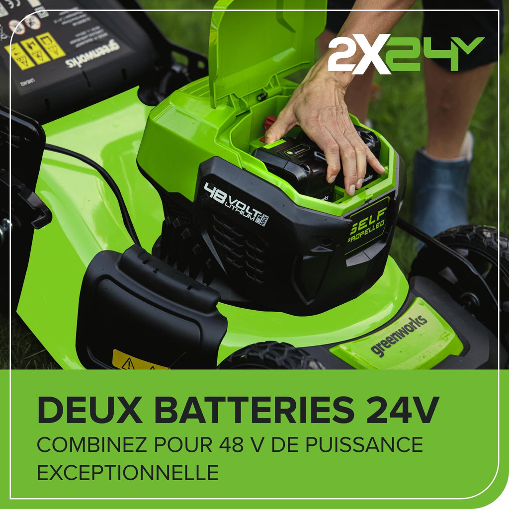 Tondeuse à gazon sans fil GD24X2LM46SPK4X 48 V autotractée 46 cm sac 55 L 2 batteries 24 V 4 Ah chargeur double