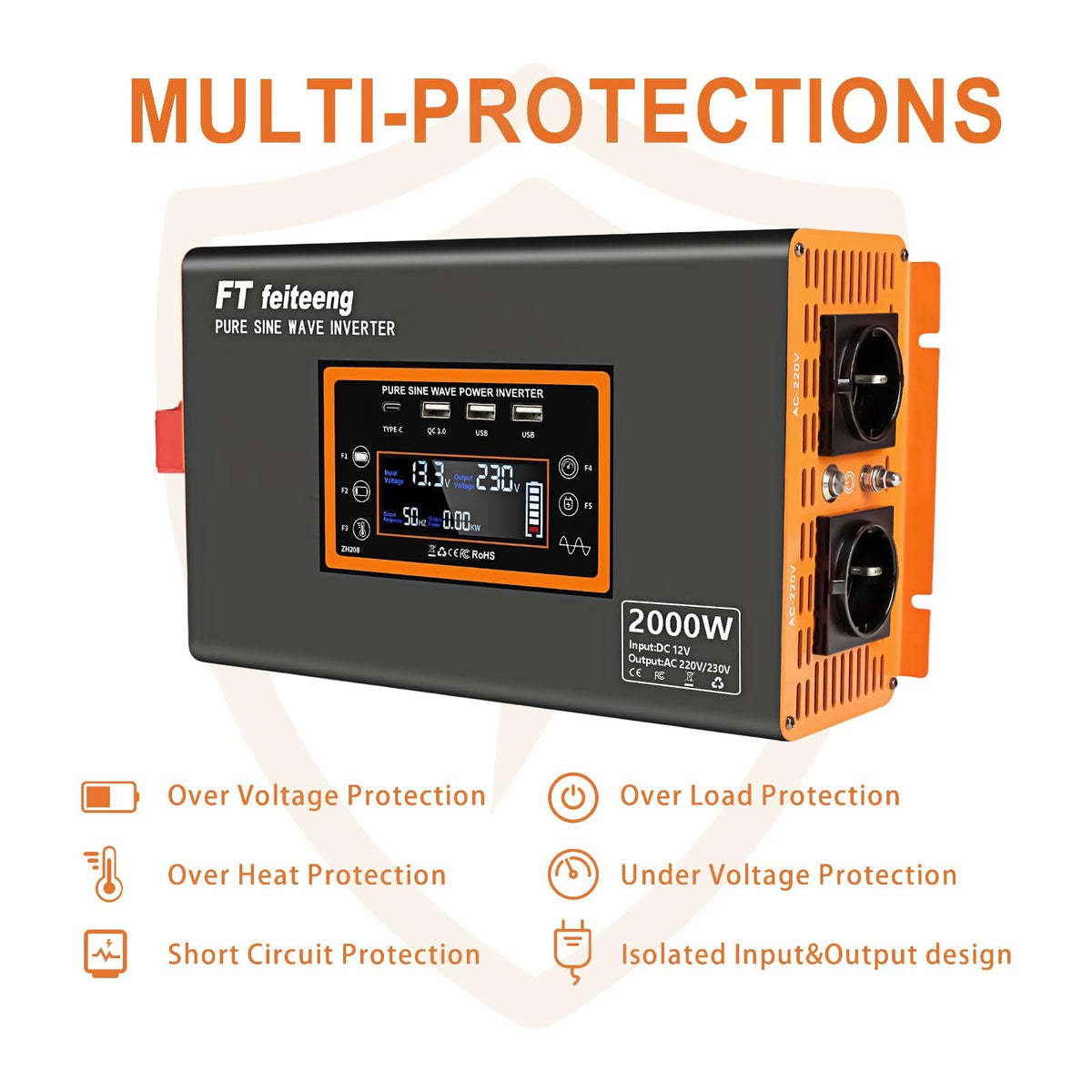 Convertisseur 12V 220V 2000W 4000W onduleur pur sinus 220V CA 2 prises USB écran LCD télécommande 50 Hz