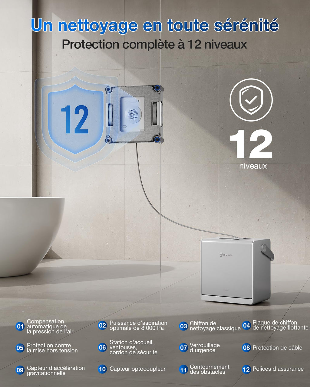 Robot nettoyeur de vitres W2S OMNI avec station 110 min batterie lithium-ion pulvérisation 3 jets contrôle par application