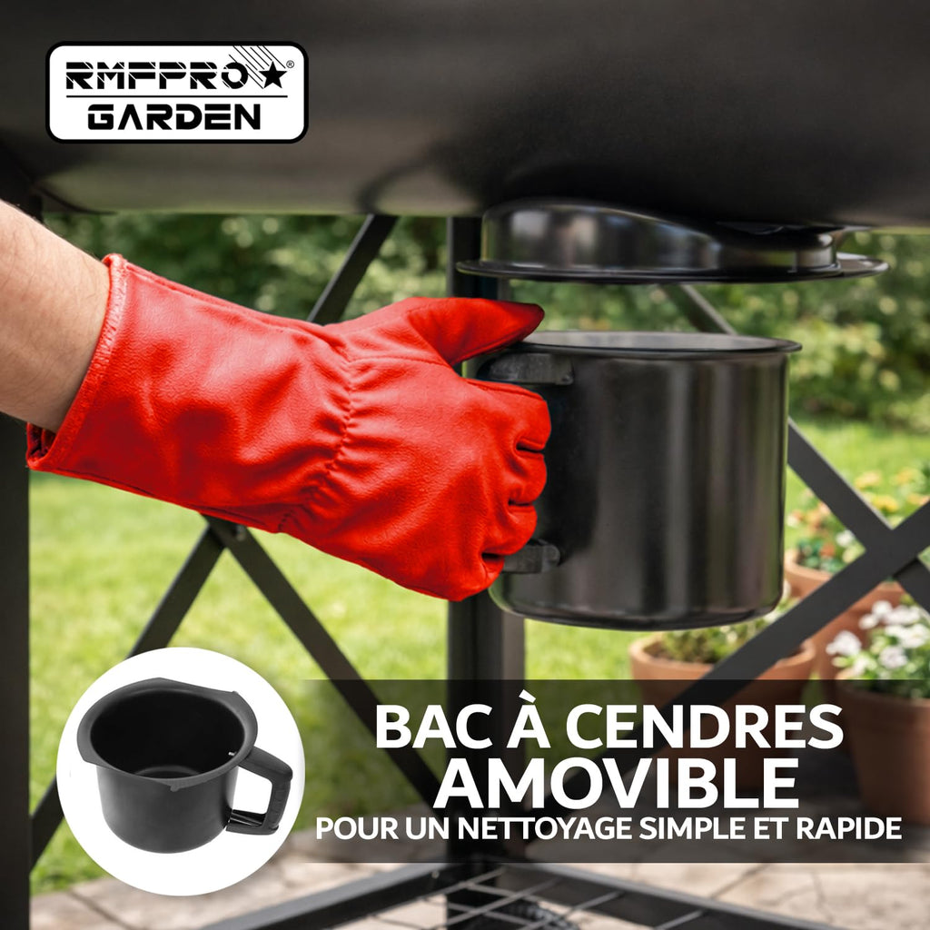 Barbecue au charbon de bois avec grille XL thermomètre intégré kit d'accessoires housse chariot en acier roues étagères pliables