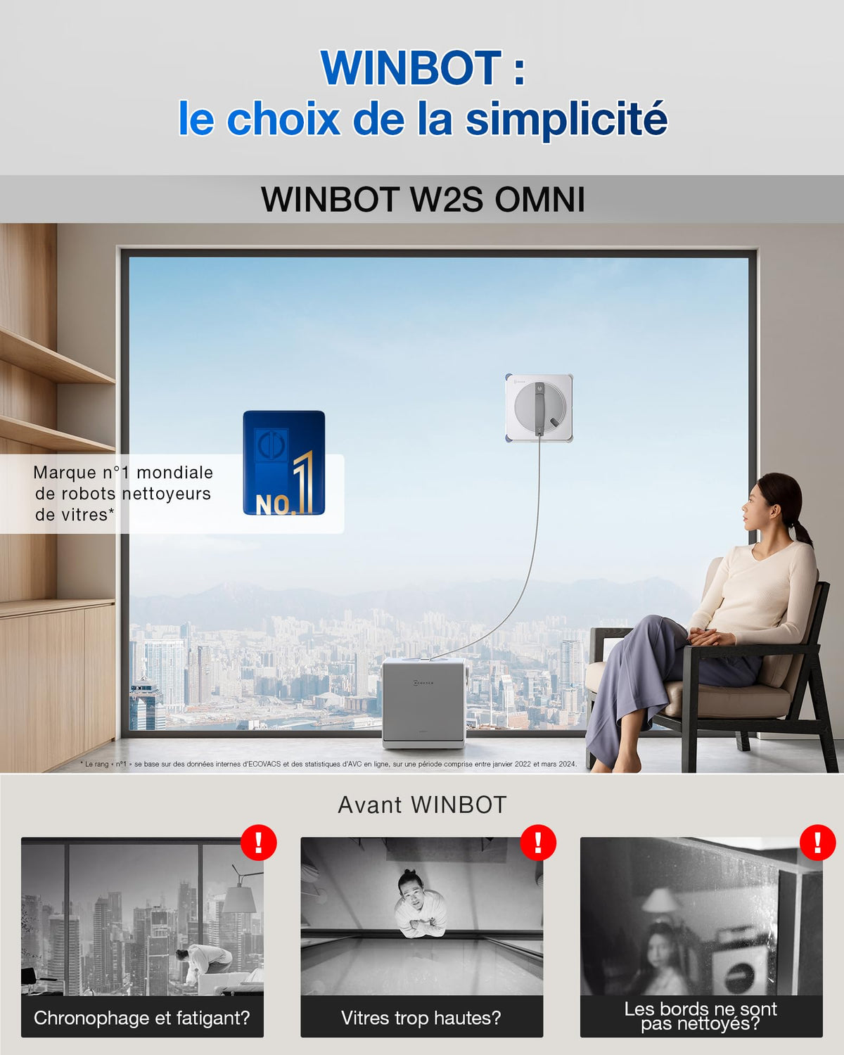 Robot nettoyeur de vitres W2S OMNI avec station 110 min batterie lithium-ion pulvérisation 3 jets contrôle par application