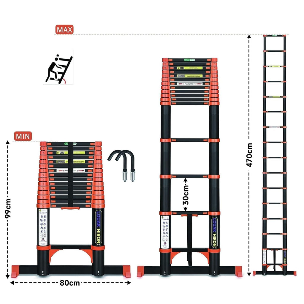 Échelle télescopique pliante DLT214E 4,7 m aluminium 150 kg 15 marches antidérapante orange multifonction