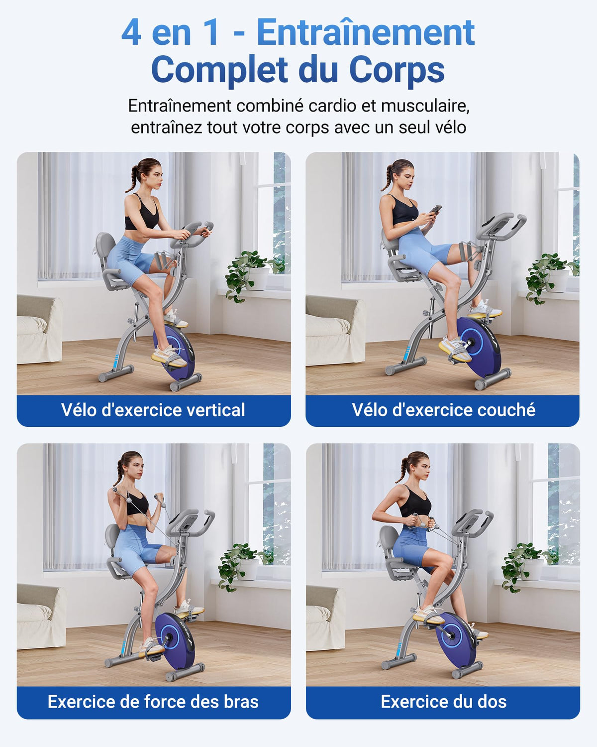 Vélo d’appartement pliable 4 en 1 MR-S15H1 résistance magnétique 16 niveaux écran LCD mesure du pouls avec bande de résistance
