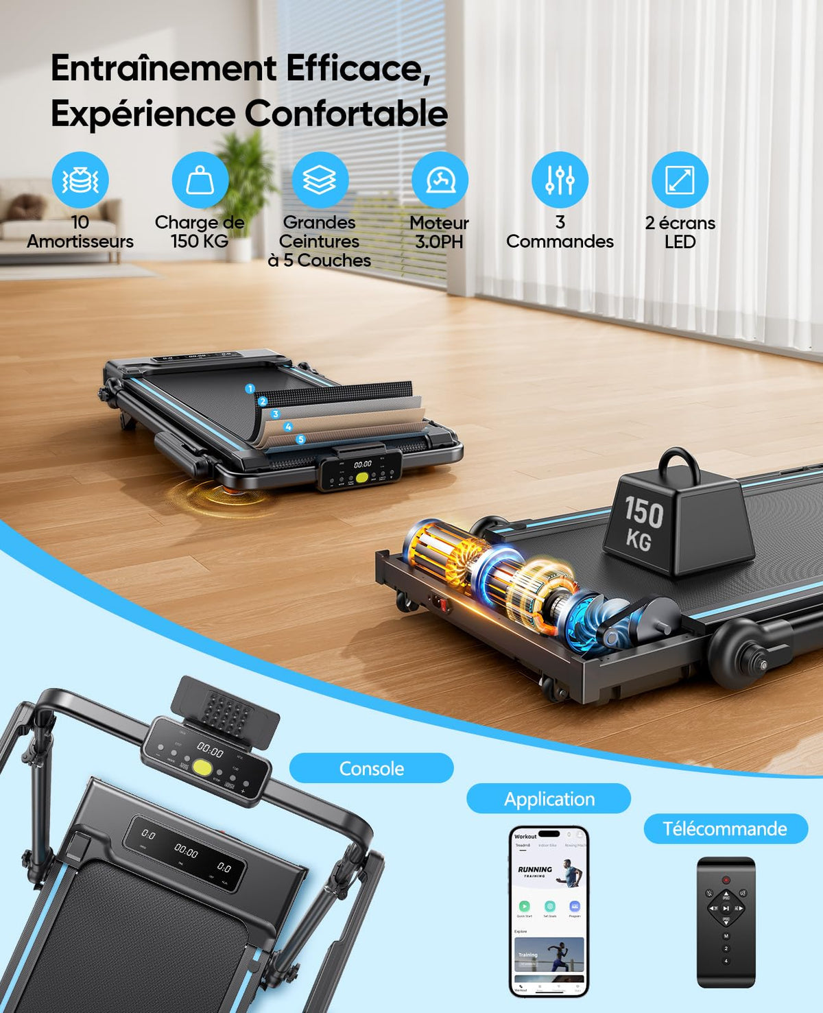 Tapis de Course Pliable Rm02 3 HP 12 km/h Inclinaison 12% 6 Modes Bureau Amovible Bluetooth LED RGB Charge 150 kg