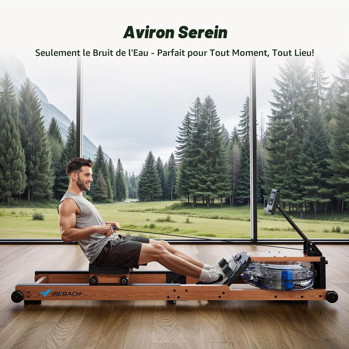 Rameur à eau pliable R28 en bois de frêne 180 kg résistance à eau siège confortable rangement vertical roues