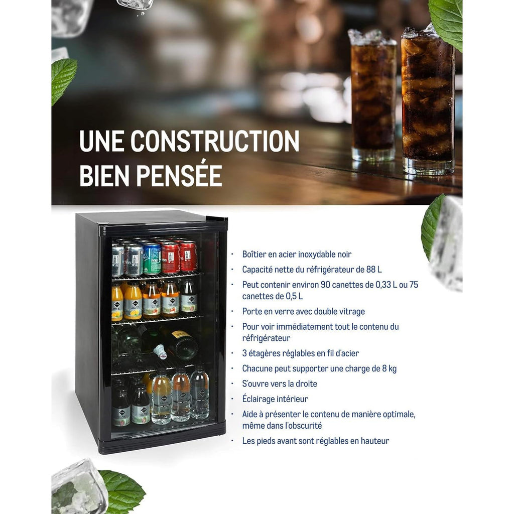 Réfrigérateur à boissons GPC1088 88 L 49 x 43 x 83 cm froid statique 3 clayettes réglables porte vitrée noire