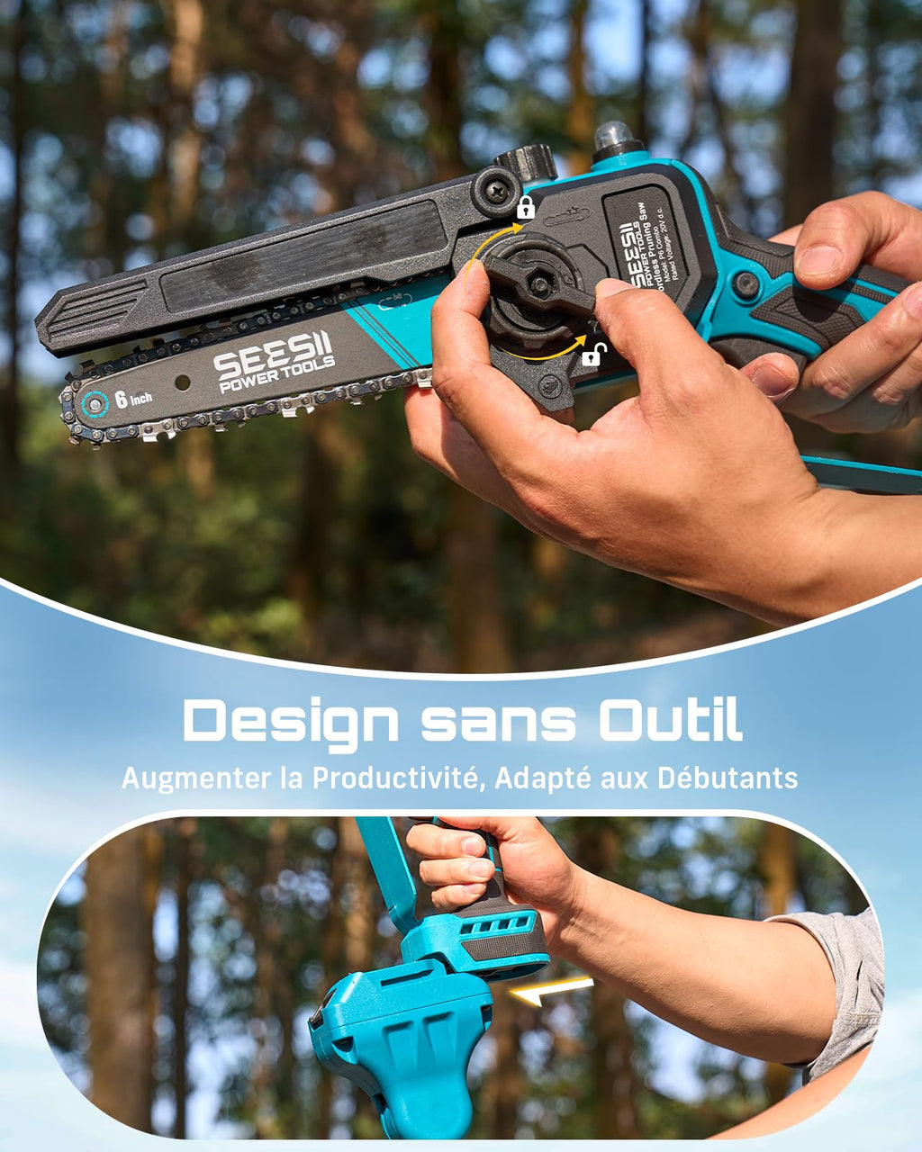 Mini tronçonneuse sur perche 4-en-1 CYCPHTO1F-z 600 W chaîne 6 pouces avec sécateur et 2 batteries 4000 mAh