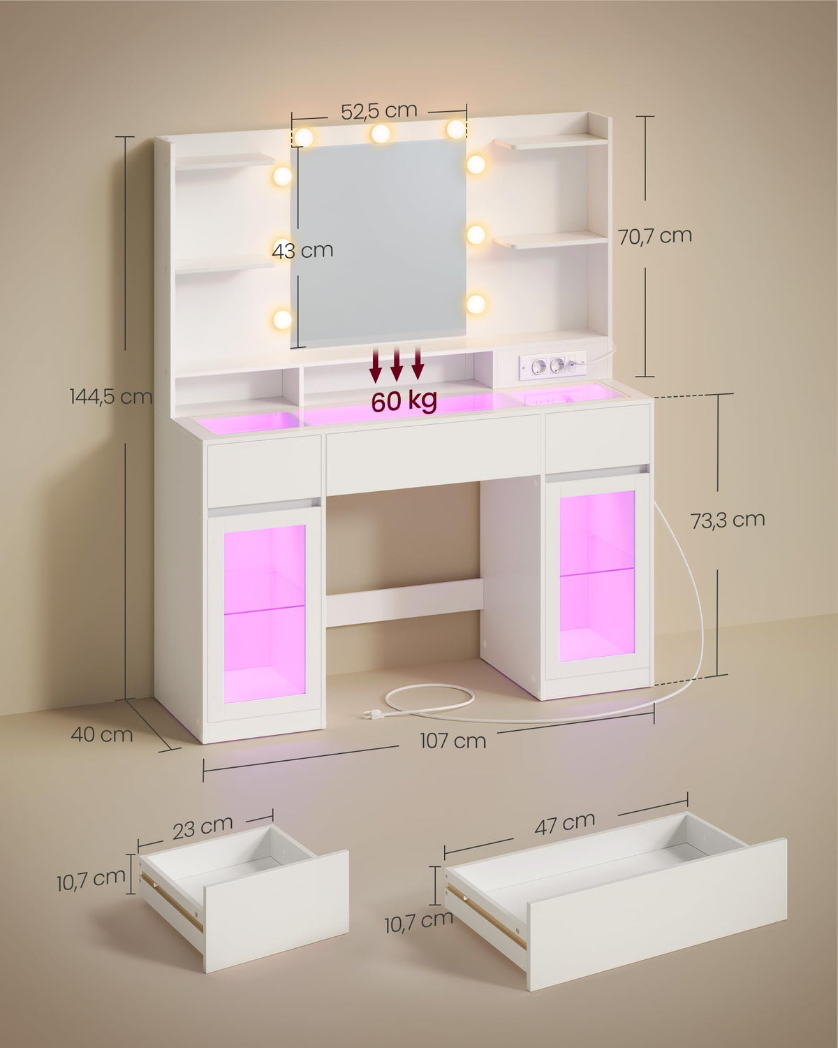 Coiffeuse avec miroir LED RGB 107 x 40 x 144,5 cm 5 tiroirs plateau en verre prises USB armoires de rangement Kailyn RDT145WB01