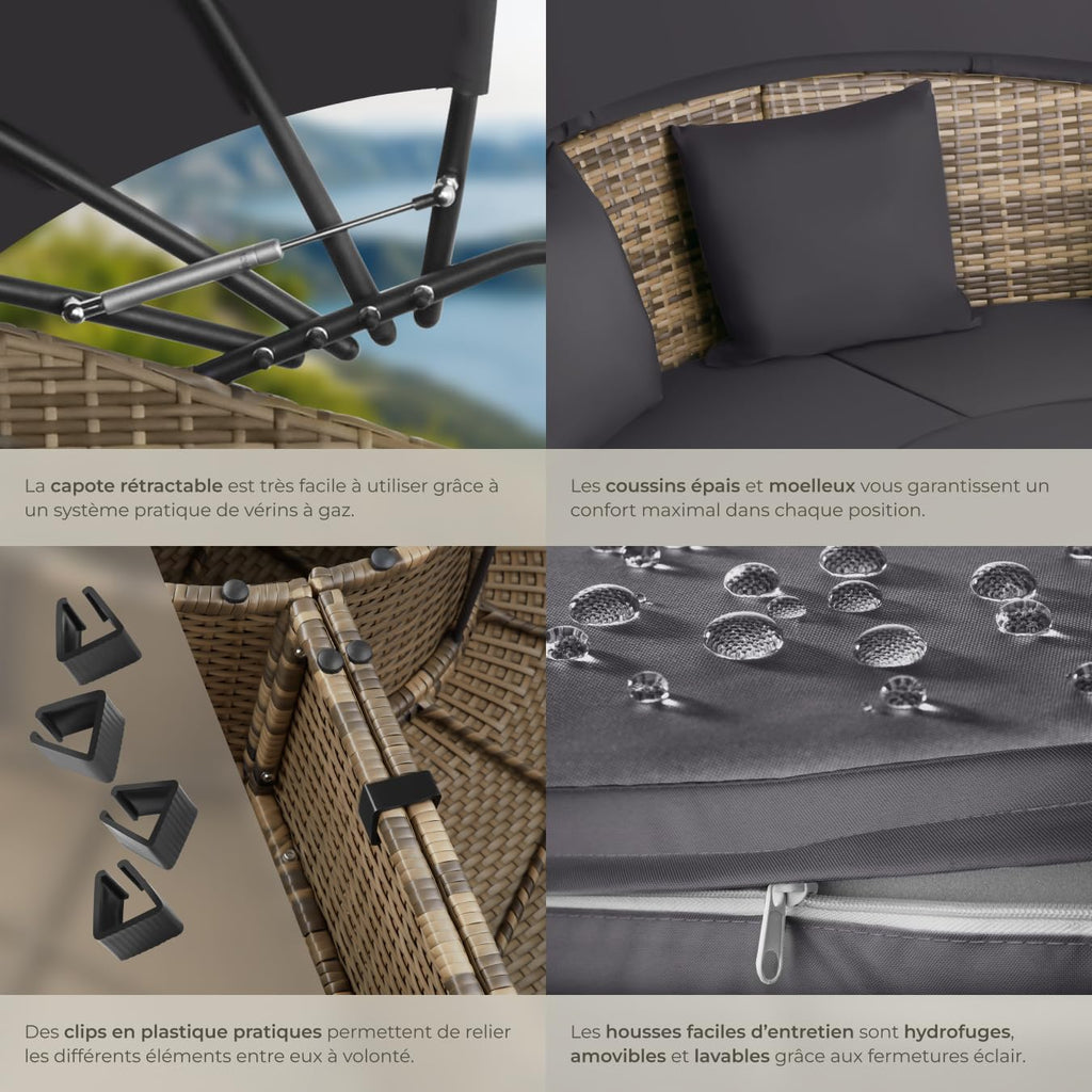 Bain de soleil modulable 5 pièces en résine tressée pare-soleil pliable coussins inclus structure acier 175 x 171 x 136 cm marron