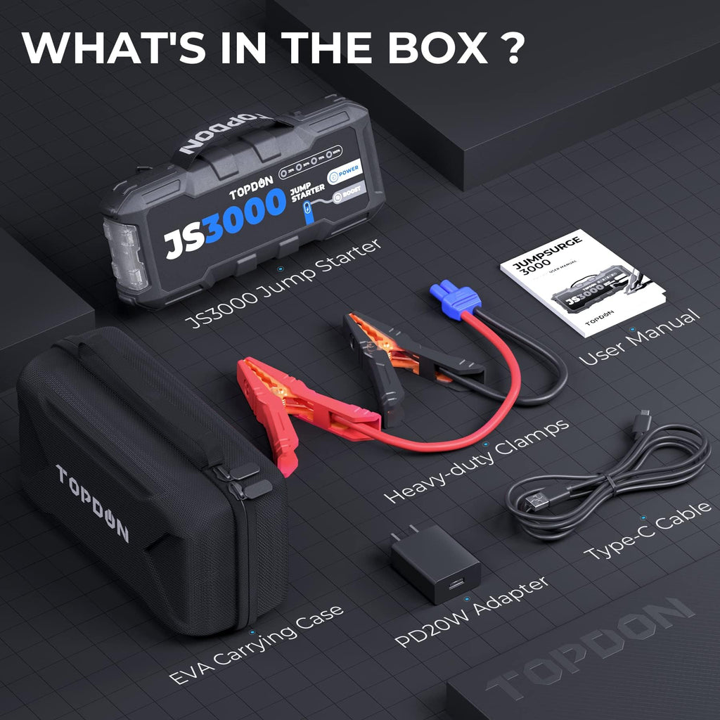 Booster de batterie JS3000 3000 A 24000 mAh 12 V pour moteurs essence jusqu'à 9 L et diesel jusqu'à 9 L