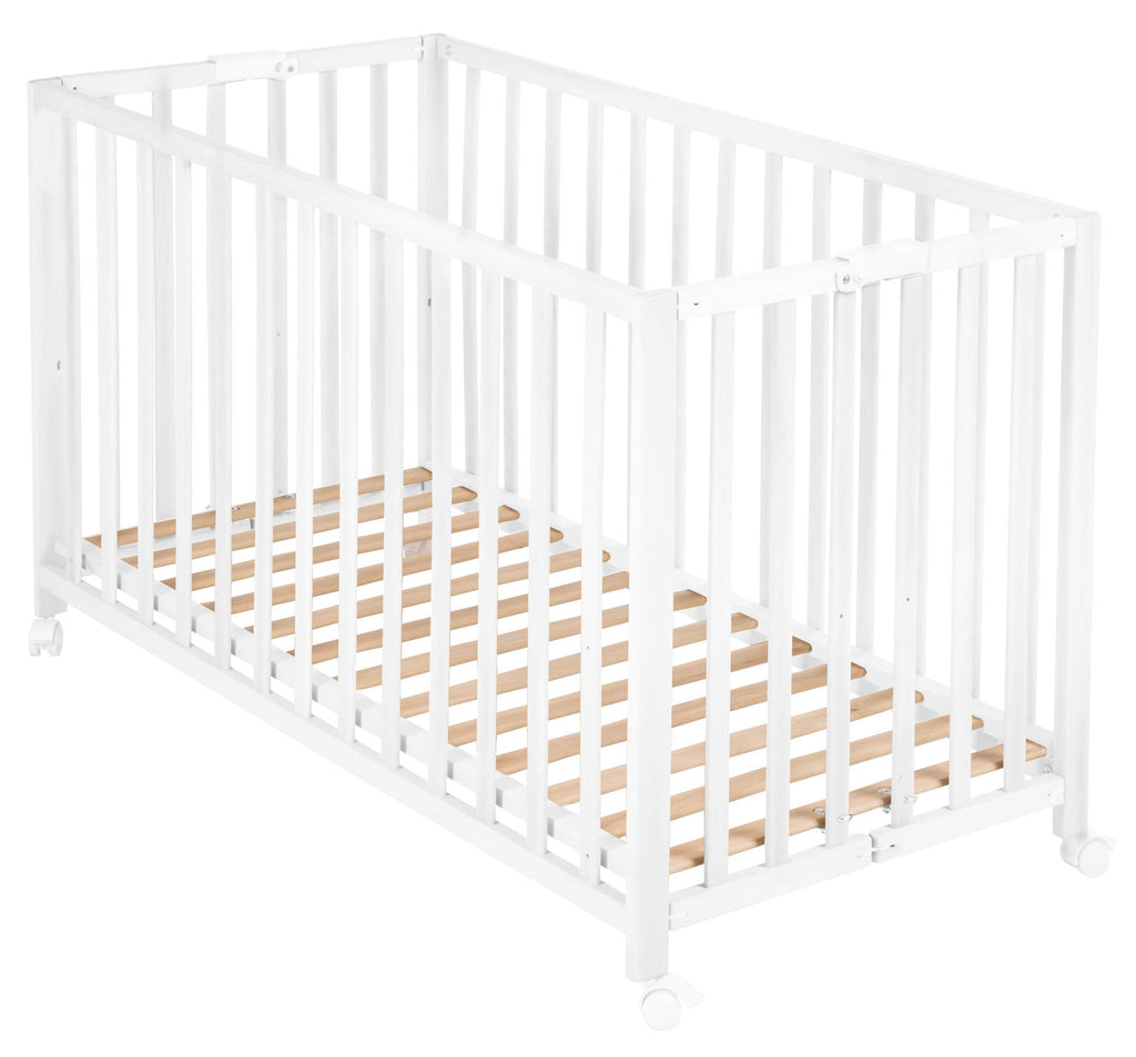 Lit Bébé Pliant Fold Up 287100WE 60 x 120 cm Hêtre 2 Niveaux Réglables 4 Roulettes à Freins Charge 40 kg Blanc