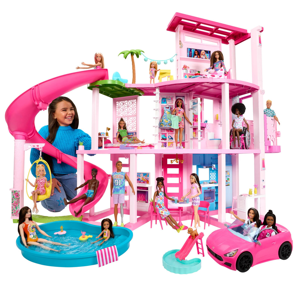 Maison de Poupée avec Accessoires HMX10 79 Pièces 10 Espaces de Jeu Toboggan 3 Étages et Piscine