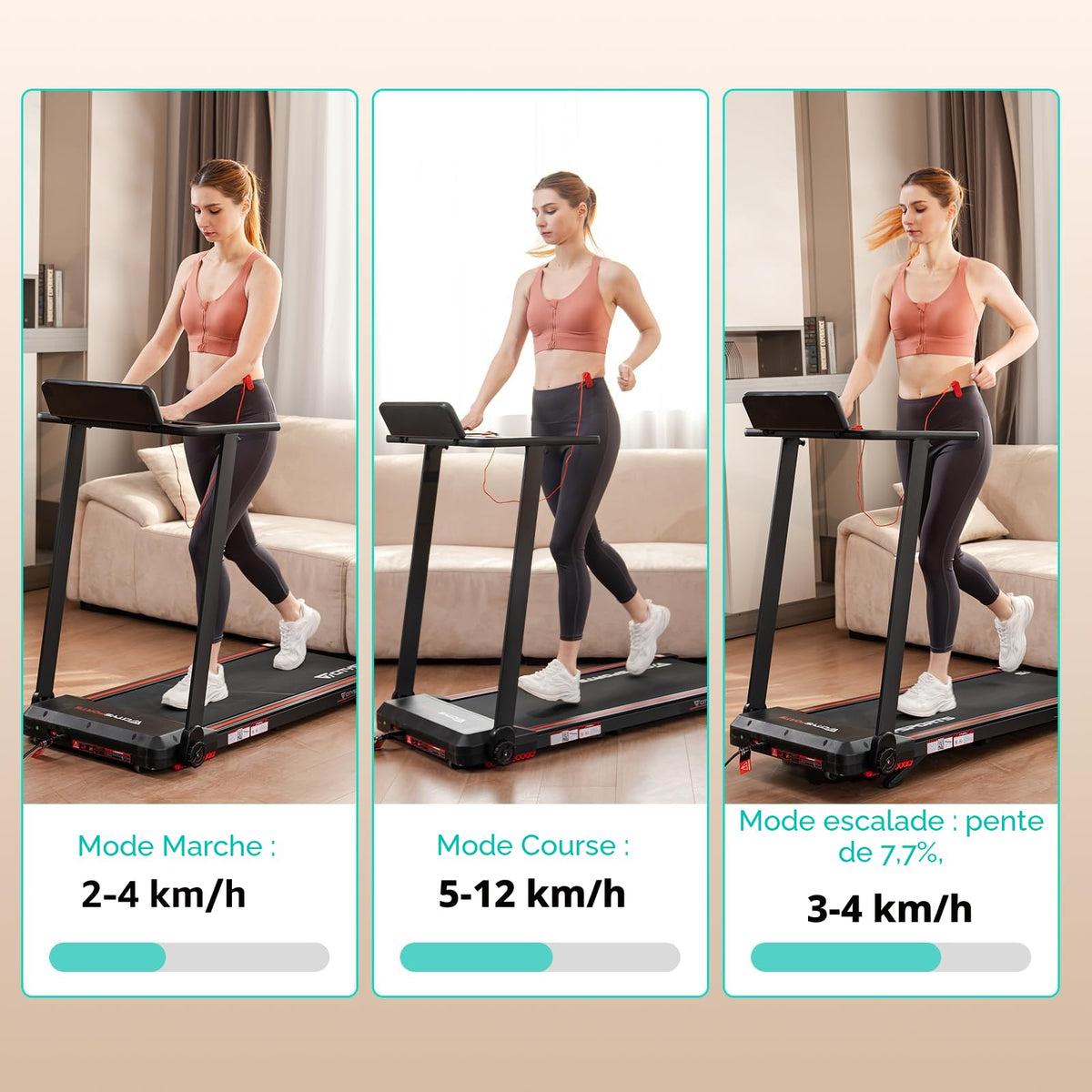Tapis de course pliable CS-WP9 1400 W 12 km/h capacité 120 kg affichage LED Bluetooth support tablette