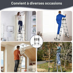 Échelle télescopique pliante DLT210E 5 m aluminium argent 150 kg hauteur réglable stabilisateurs échelle A et droite