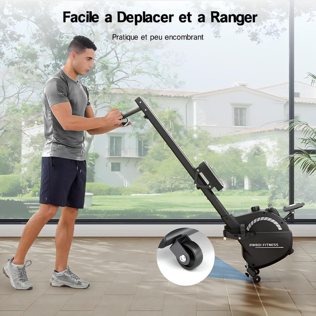 Rameur pliable F203s à résistance magnétique 16 niveaux double rail écran LCD charge maximale 120 kg 158 x 42 x 62 cm