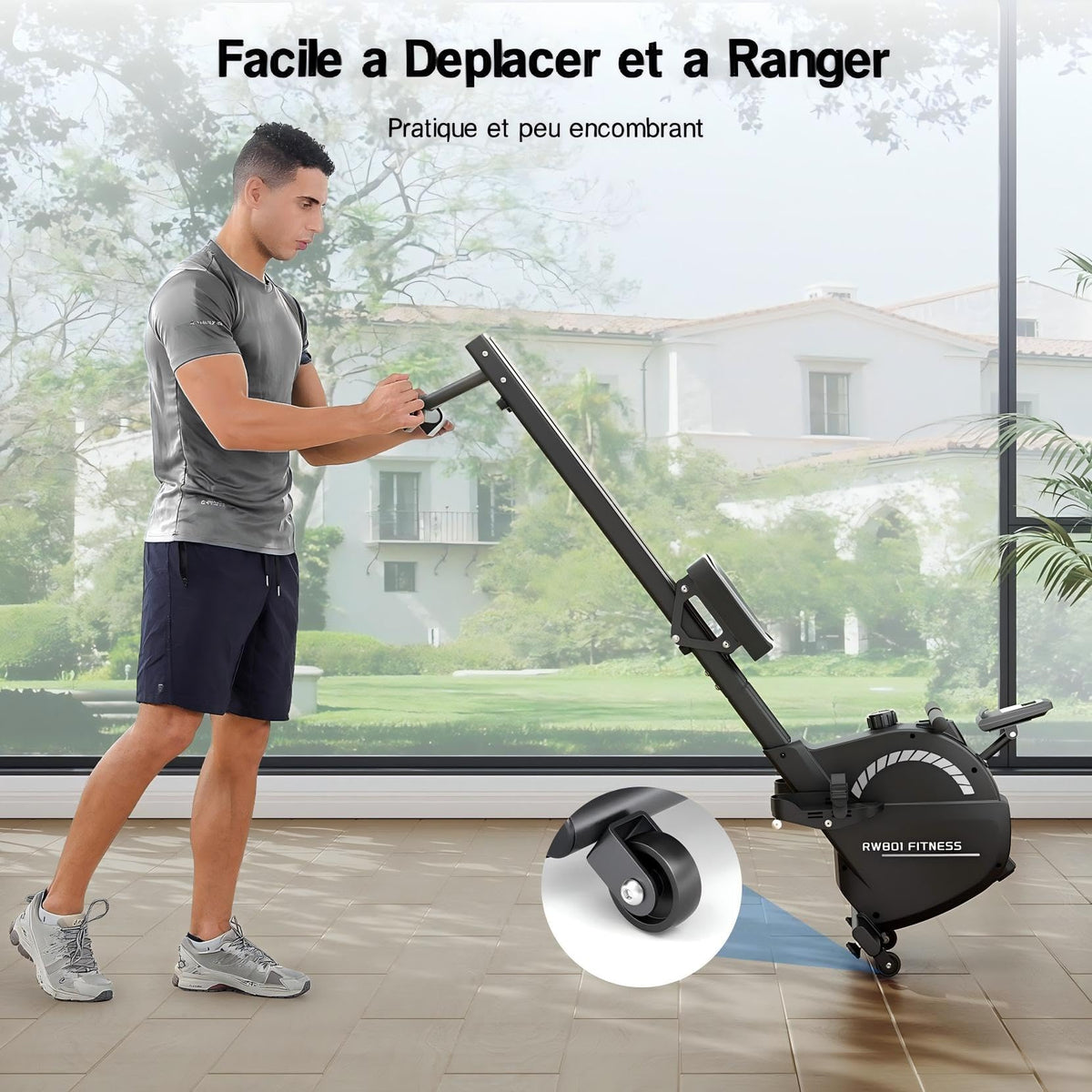 Rameur pliable F203s à résistance magnétique 16 niveaux double rail écran LCD charge maximale 120 kg 158 x 42 x 62 cm