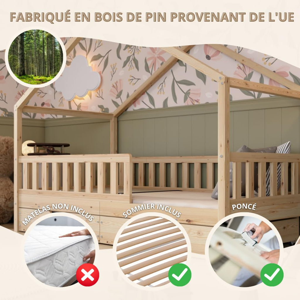 Lit Cabane Montessori Crazy House AM-05-16 90 x 190 cm Bois de Pin 2 Tiroirs Sommier à Lattes Barrière 120 kg Naturel
