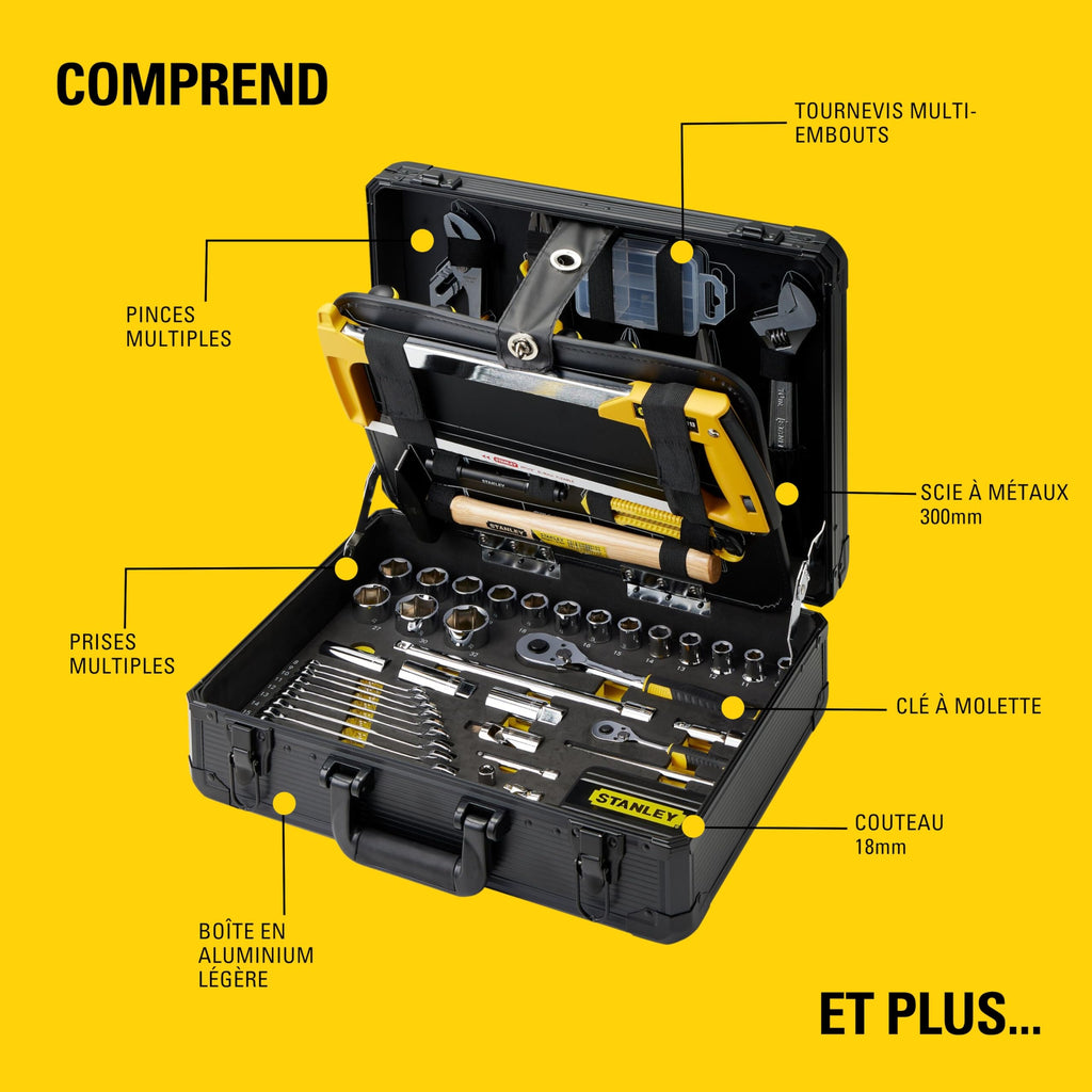 Valise d'outillage 142 pièces STMT98109-1 aluminium 6 compartiments pinces clés tournevis douilles cliquets marteau scie