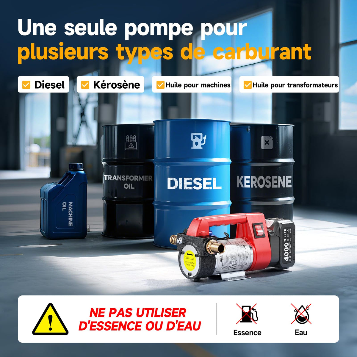 Pompe de transfert diesel sans fil 45 L/min 18 V batterie 4 Ah buse automatique tuyaux 2 m filtre pour gazole kérosène biodiesel