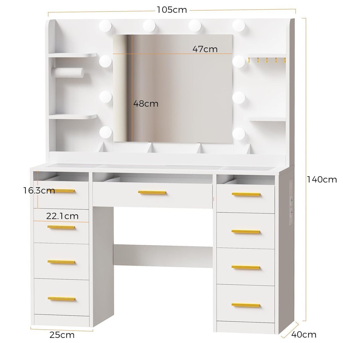 Coiffeuse avec Miroir LED BDT95W 9 Tiroirs 4 Étagères Plateau en Verre 3 Modes d'Éclairage RGB 105 x 40 x 140 cm