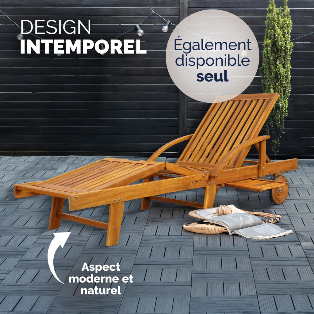 Chaise longue de jardin pliante en bois d'acacia avec roues et dossier réglable lot de 2 195 x 69 x 85 cm
