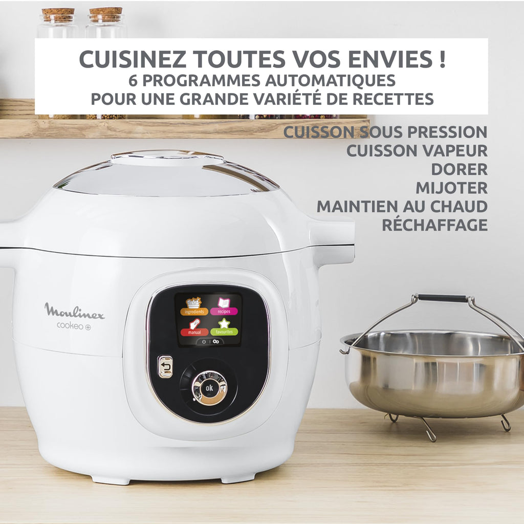 Multicuiseur électrique Cookeo+ 6 L 1600 W cuisson sous pression 6 modes 80 recettes cuve antiadhésive panier vapeur