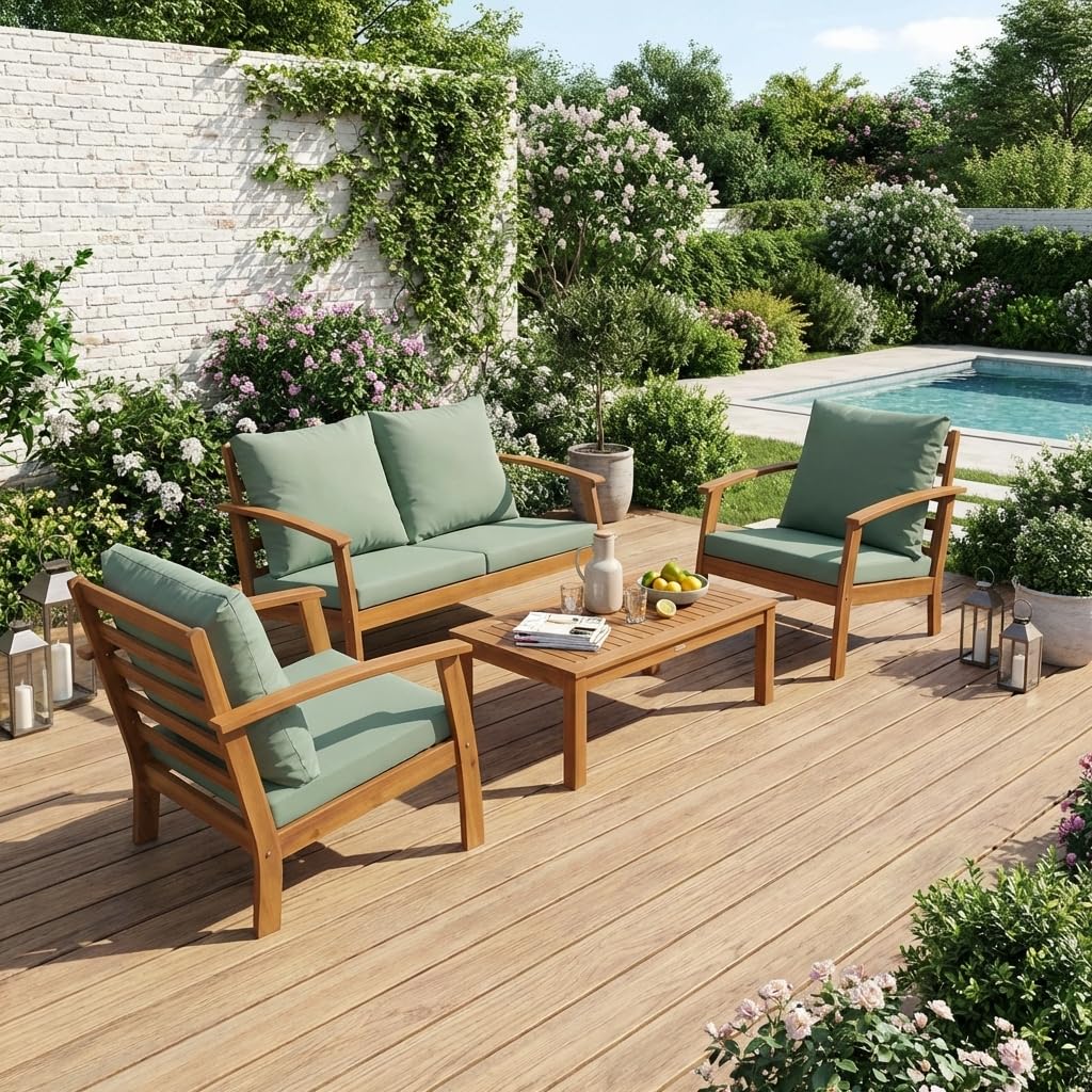Salon de jardin 4 places en acacia canapé fauteuils table basse coussins vert de gris 123 x 82 x 74 cm