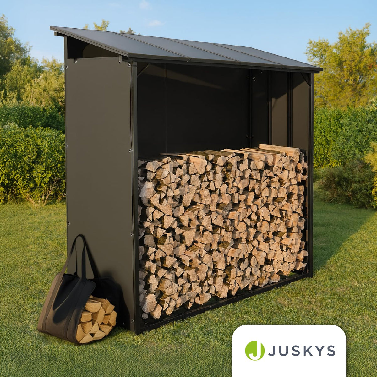 Range-bûches extérieur avec toit 185 x 70 x 185 cm aluminium bâche polyester résistante aux UV étanche sol surélevé toit inclinable noir