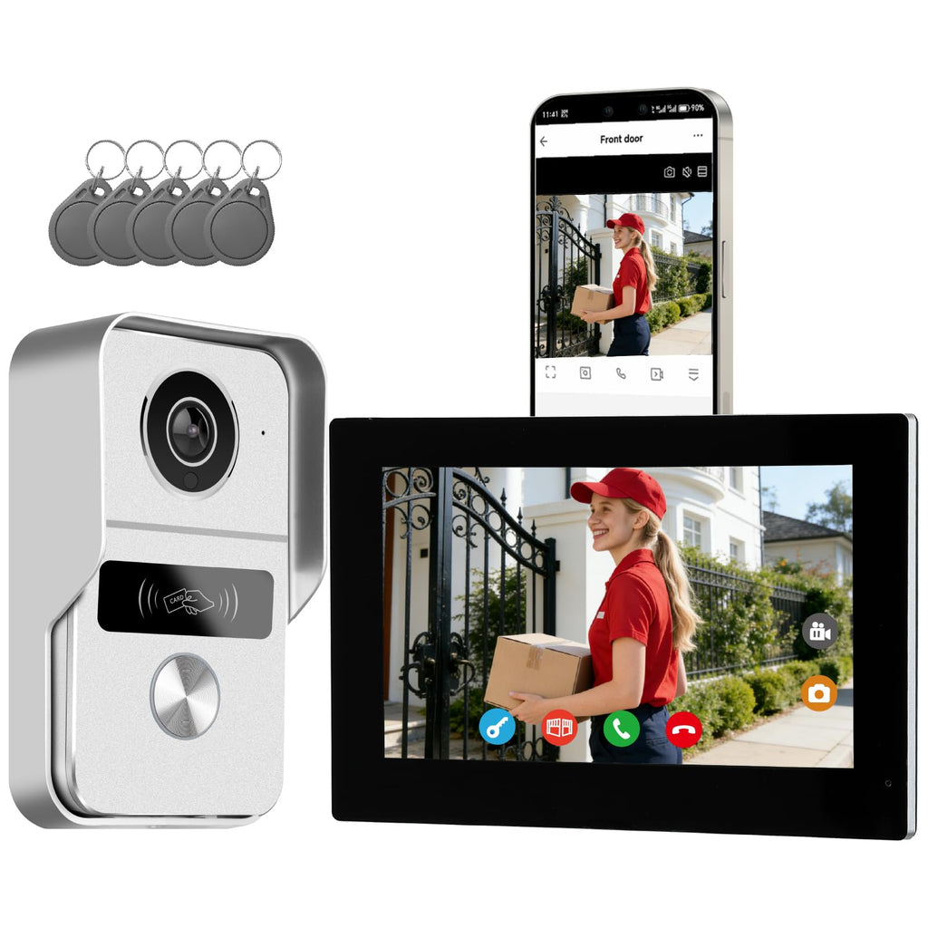 Visiophone Connecté 2 Fils 1080p Écran Tactile 7 Pouces Caméra 140° Vision Nocturne Wi-Fi Déverrouillage RFID 5 Badges