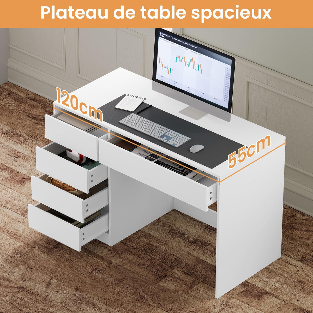 Bureau d'Ordinateur avec Rangement SCD0229 120 x 55 x 75 cm 5 Tiroirs MDF Charge 50 kg Plateau 120 cm Blanc