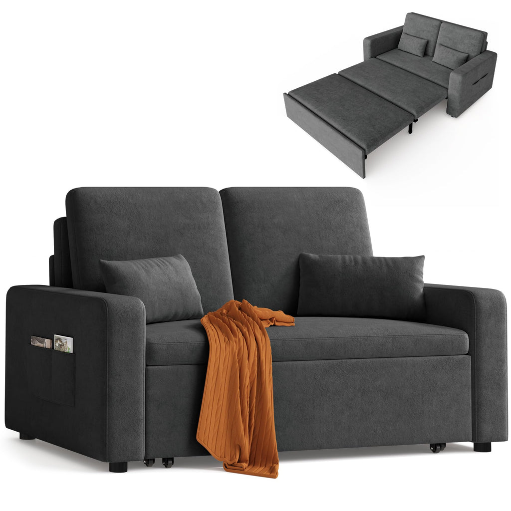 Canapé-lit 2 places convertible AR28 147 x 196 x 87 cm en velours gris foncé avec 4 roulettes et rangement latéral