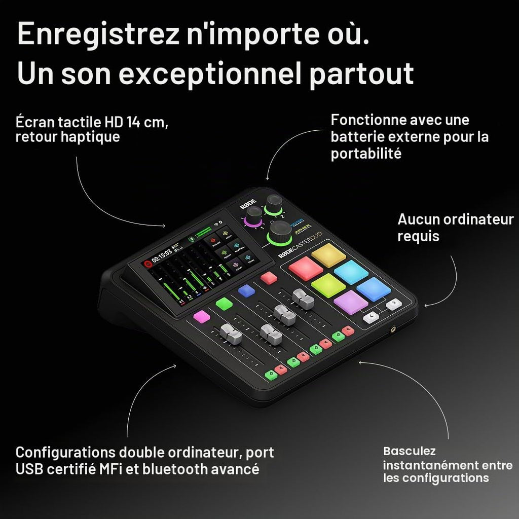 Console de production audio RØDECaster Duo 4 canaux USB-C Bluetooth 2 entrées combo 4 faders et 6 pads SMART