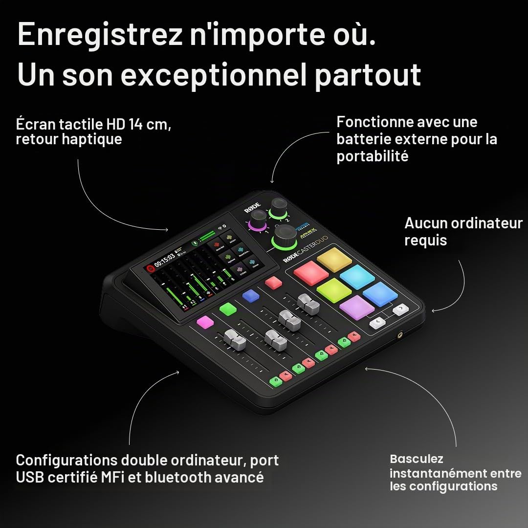 Console de production audio RØDECaster Duo 4 canaux USB-C Bluetooth 2 entrées combo 4 faders et 6 pads SMART