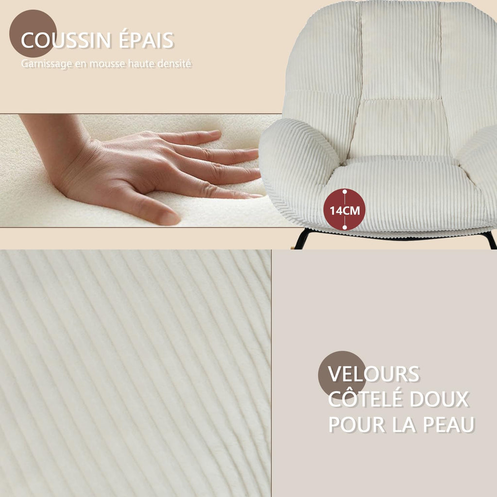 Fauteuil à bascule scandinave en velours côtelé beige 111 x 79 x 84 cm dossier haut accoudoirs ergonomiques charge 120 kg