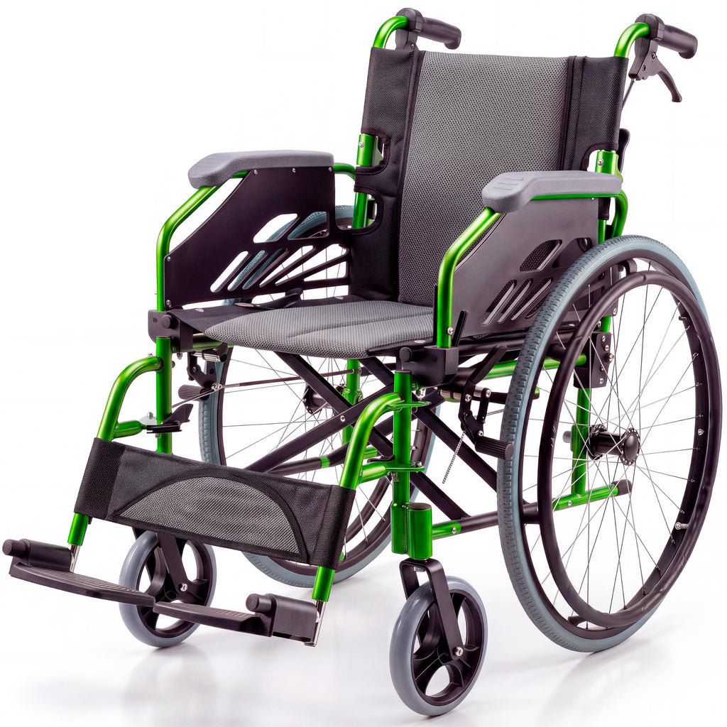 Fauteuil roulant pliable Bolonia en aluminium vert dossier divisible accoudoirs rabattables repose-pieds amovibles assise 46 cm