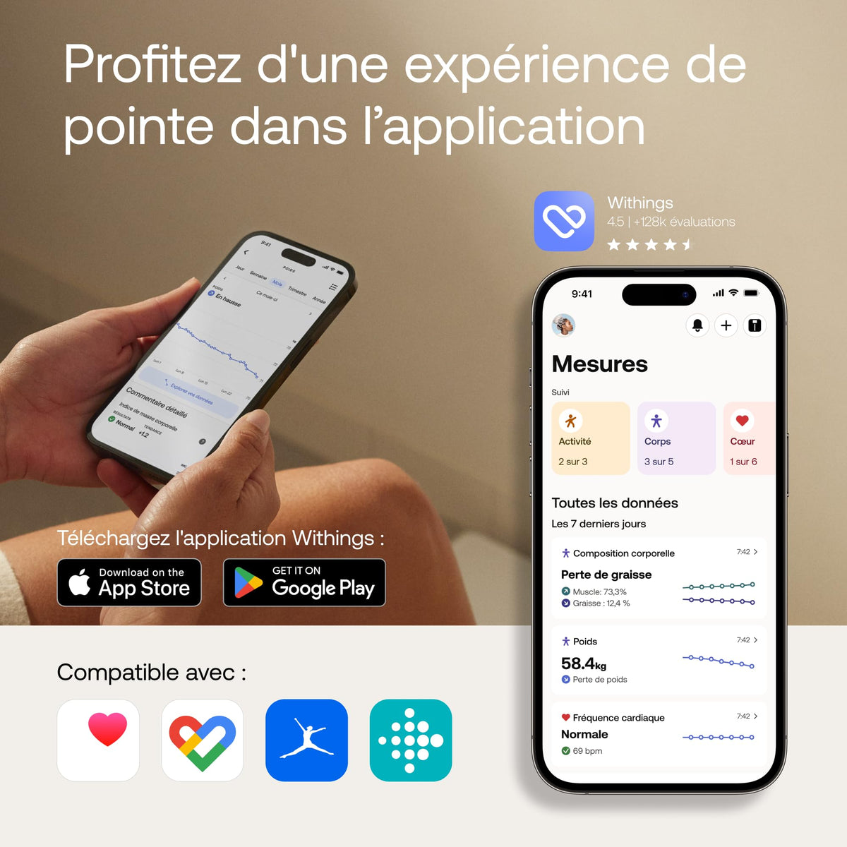 Balance connectée Body Comp BIA Wi-Fi Bluetooth 180 kg composition corporelle fréquence cardiaque écran couleur