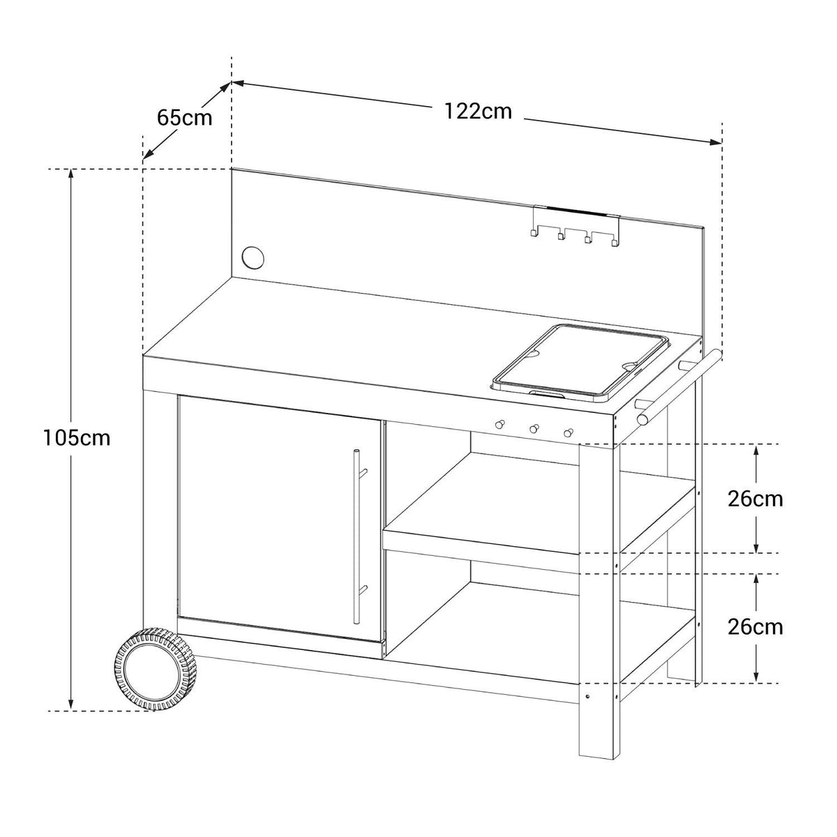 Desserte de Jardin Nova 110 Premium WT018T Acier 122 x 65 x 105 cm 2 Étagères 1 Tiroir Roulettes 50 kg Plancha Barbecue
