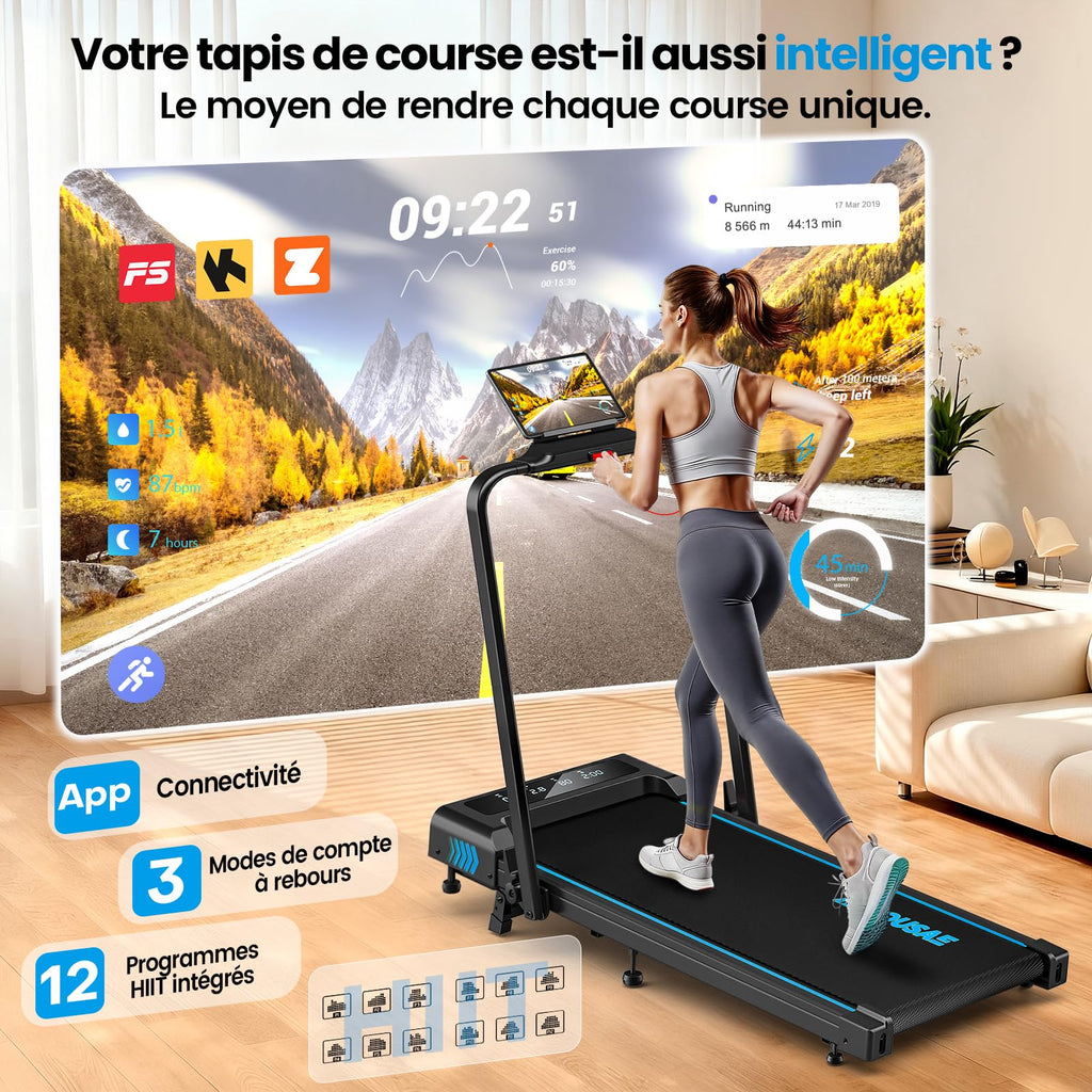 Tapis de Course Pliable X381pa 2,75 CV 12 km/h Inclinaison 9% 12 Programmes HIIT Application Télécommande Écran LED