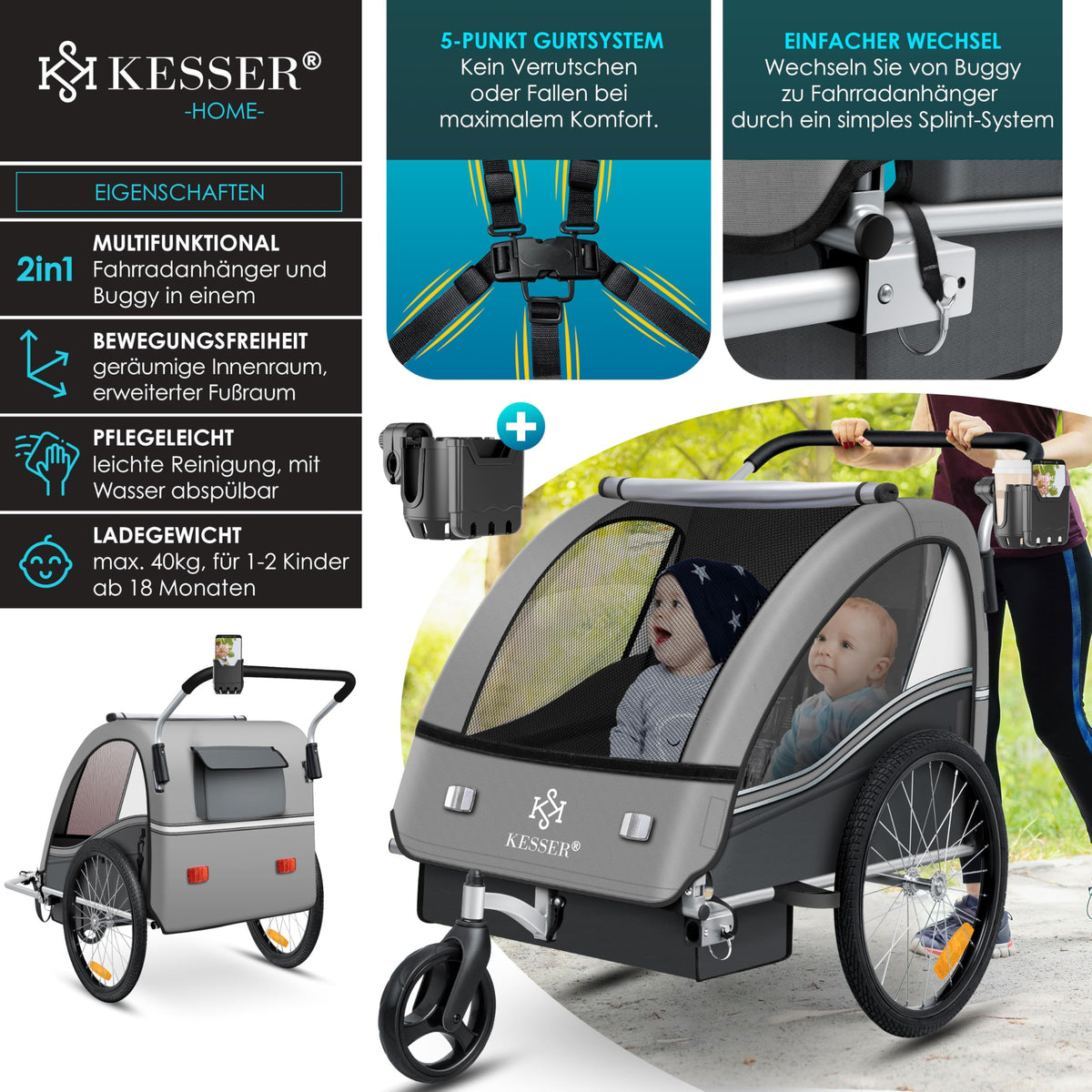 Remorque vélo enfant 2 en 1 Sport-RX avec fonction jogging 2 places ceinture 5 points roue avant 360° 160 x 76 x 98 cm