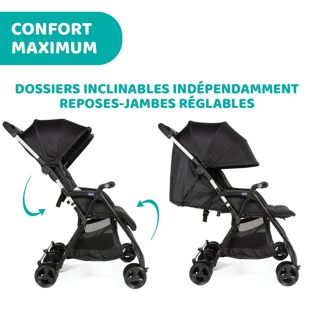 Poussette double tandem OHlalà Twin pliable 8 kg 2 places harnais 5 points assises inclinables capotes extensibles