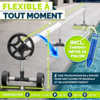Enrouleur de bâche de piscine télescopique 3 à 5,70 m en aluminium avec 8 clips 8 sangles thermomètre et roues