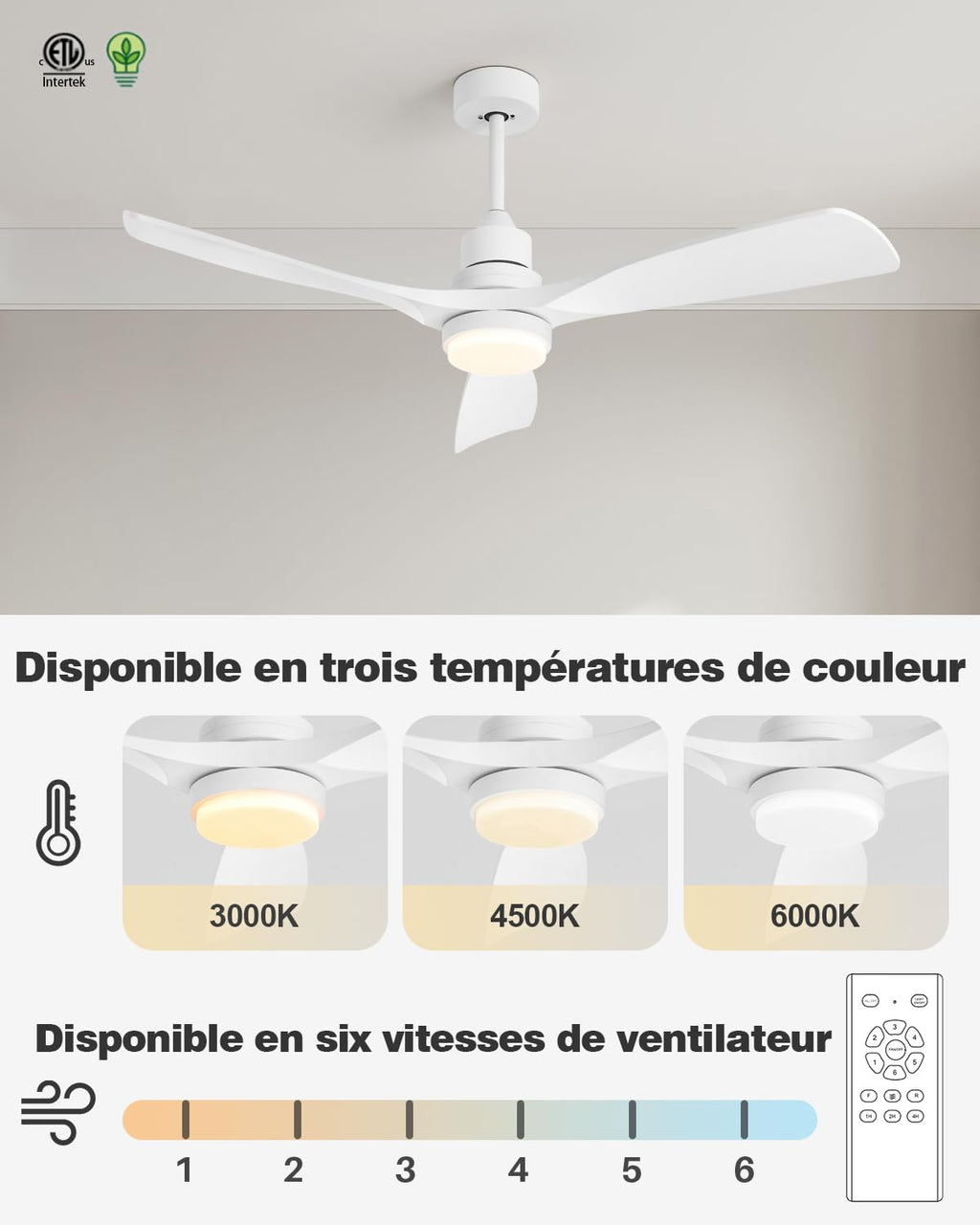 Ventilateur de plafond 132 cm avec éclairage et télécommande modèle 8701 3 pales 6 vitesses moteur DC 32 W blanc