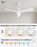 Ventilateur de plafond 132 cm avec éclairage et télécommande modèle 8701 3 pales 6 vitesses moteur DC 32 W blanc