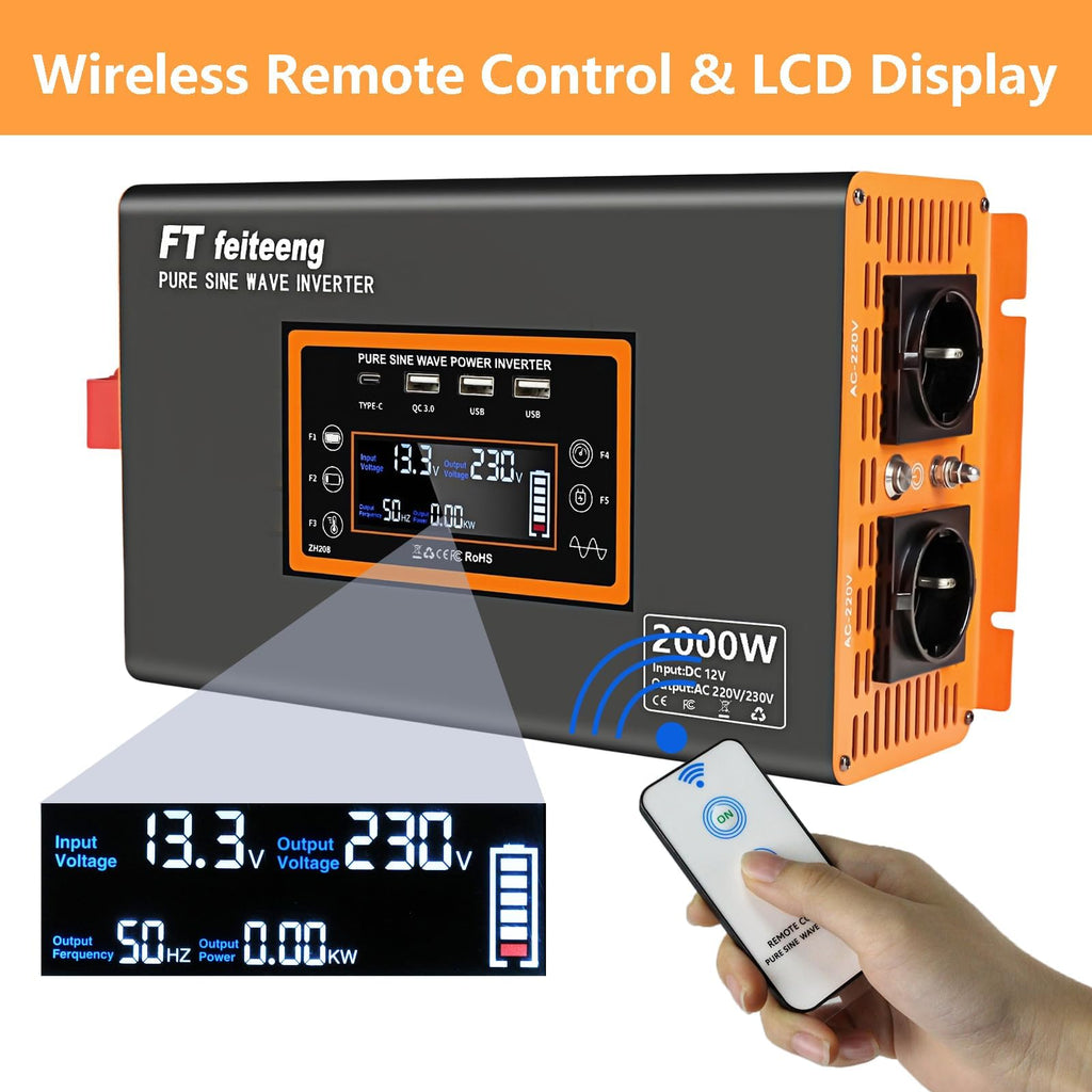 Convertisseur 12V 220V 2000W 4000W onduleur pur sinus 220V CA 2 prises USB écran LCD télécommande 50 Hz