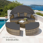 Bain de soleil modulable 5 pièces en résine tressée pare-soleil pliable coussins inclus structure acier 175 x 171 x 136 cm marron