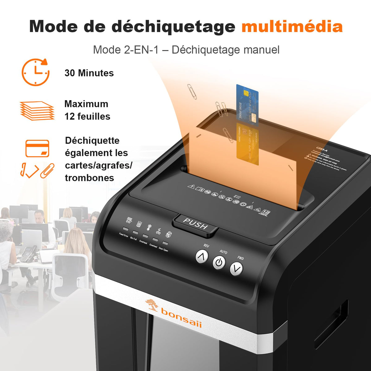 Destructeur de Documents 200 Feuilles Auto-Feed Micro-Coupe P-4 4×12 mm Bac 31 L Fonctionnement 60 Minutes