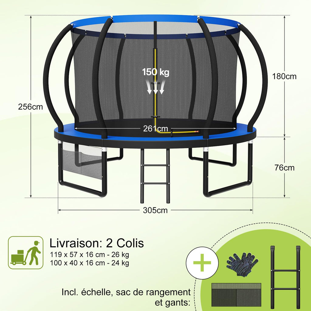 Trampoline extérieur rond 228 cm modèle 0534 filet de sécurité 42 ressorts échelle charge 50 kg