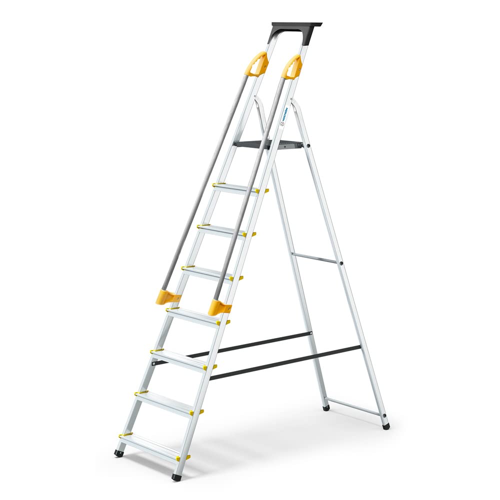 Escabeau Pliable 8 Marches DURAMP Aluminium Hauteur Plateforme 162 cm Charge 150 kg Rampes Porte-Outils Marches Antidérapantes